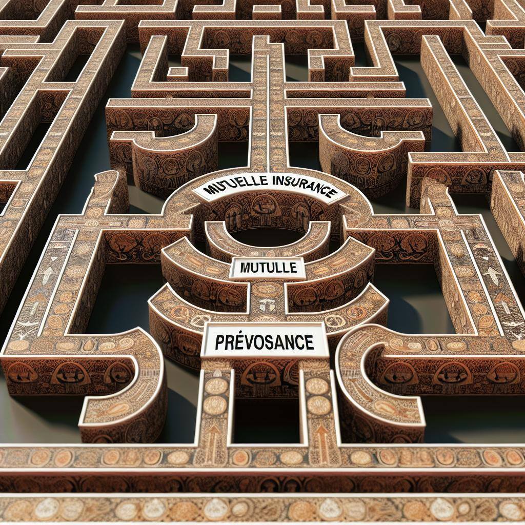 A complex labyrinth with various paths leading to different insurance options, including mutuelle and prévoyance.