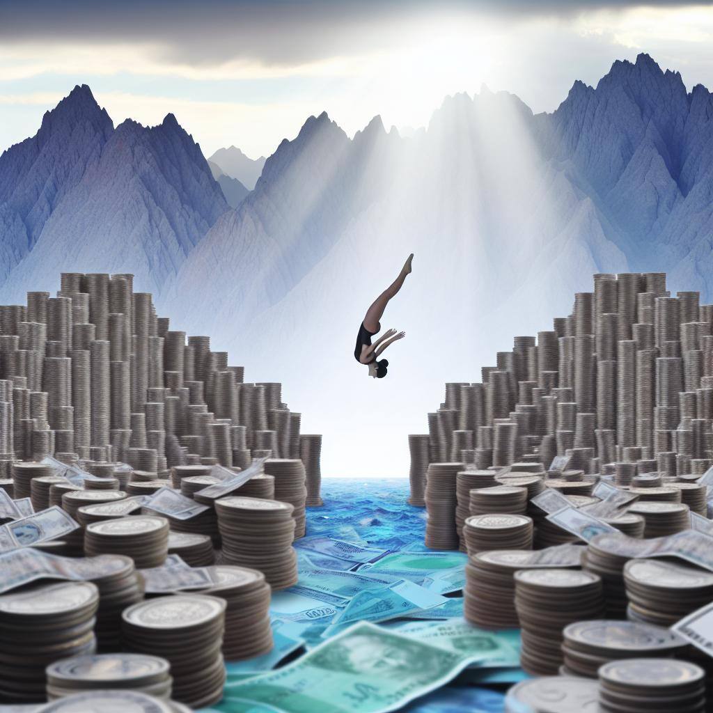 An image of a person diving into a sea of banking formations, with a clear path leading towards towering mountain peaks in the distance.
