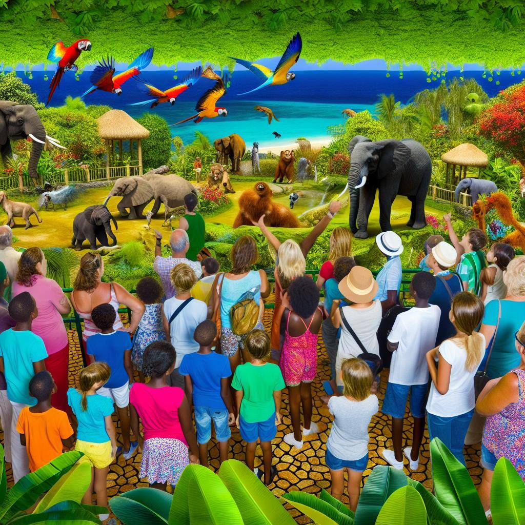 Lush greenery surrounds a group of children and adults observing colorful exotic animals in a zoo in Martinique.